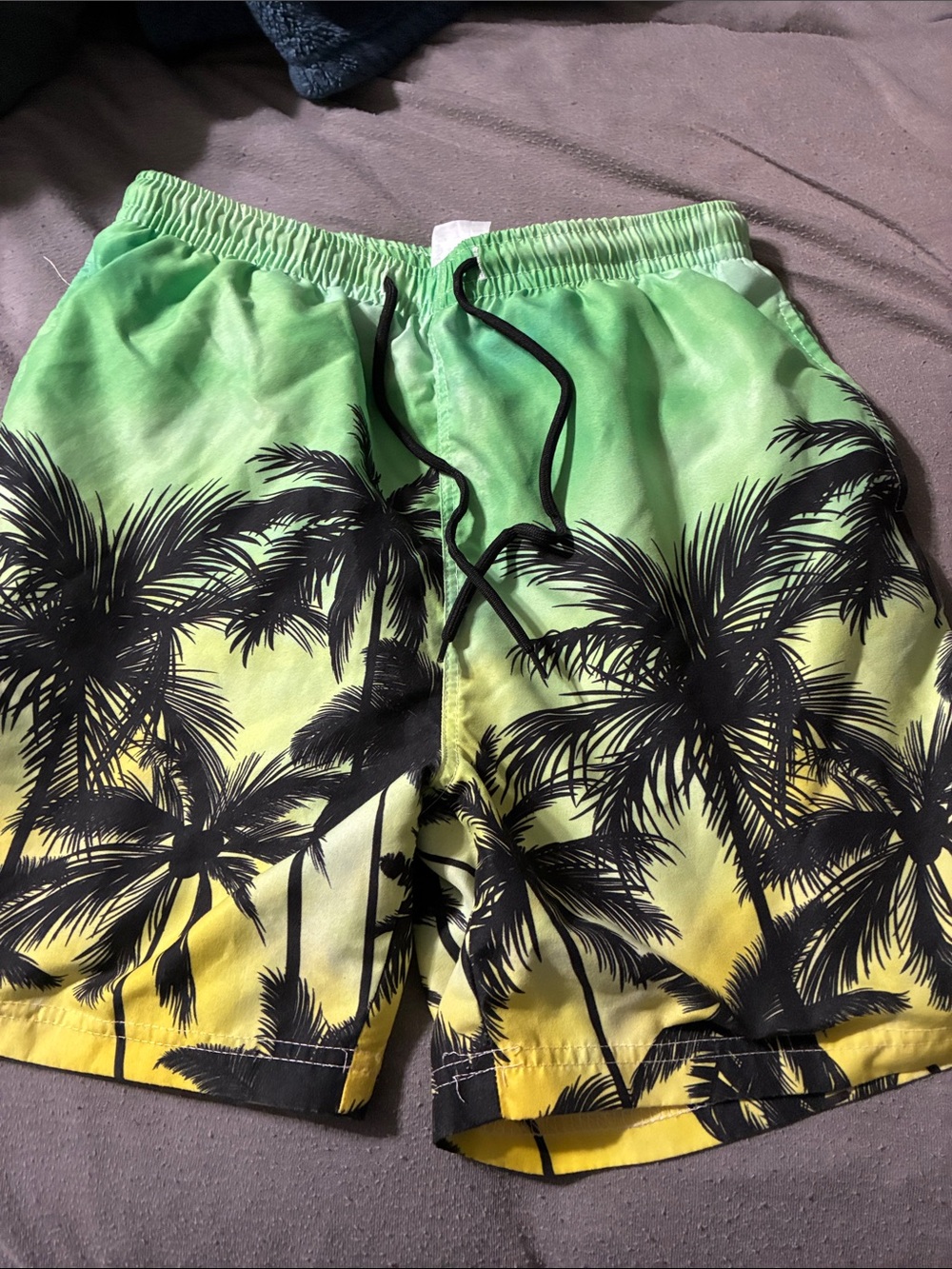 Boys Green and Yellow Palm Print Swim Trunks